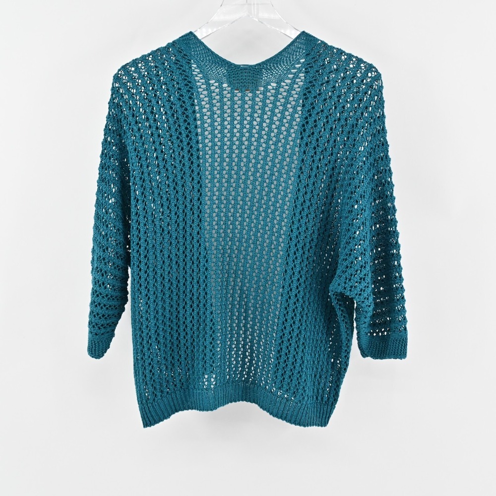 BRAND BAZAR Cardigan Sweater Womens Sz L Crochet Blue Open Knit Quarter Sleeve - Picture 2 of 10